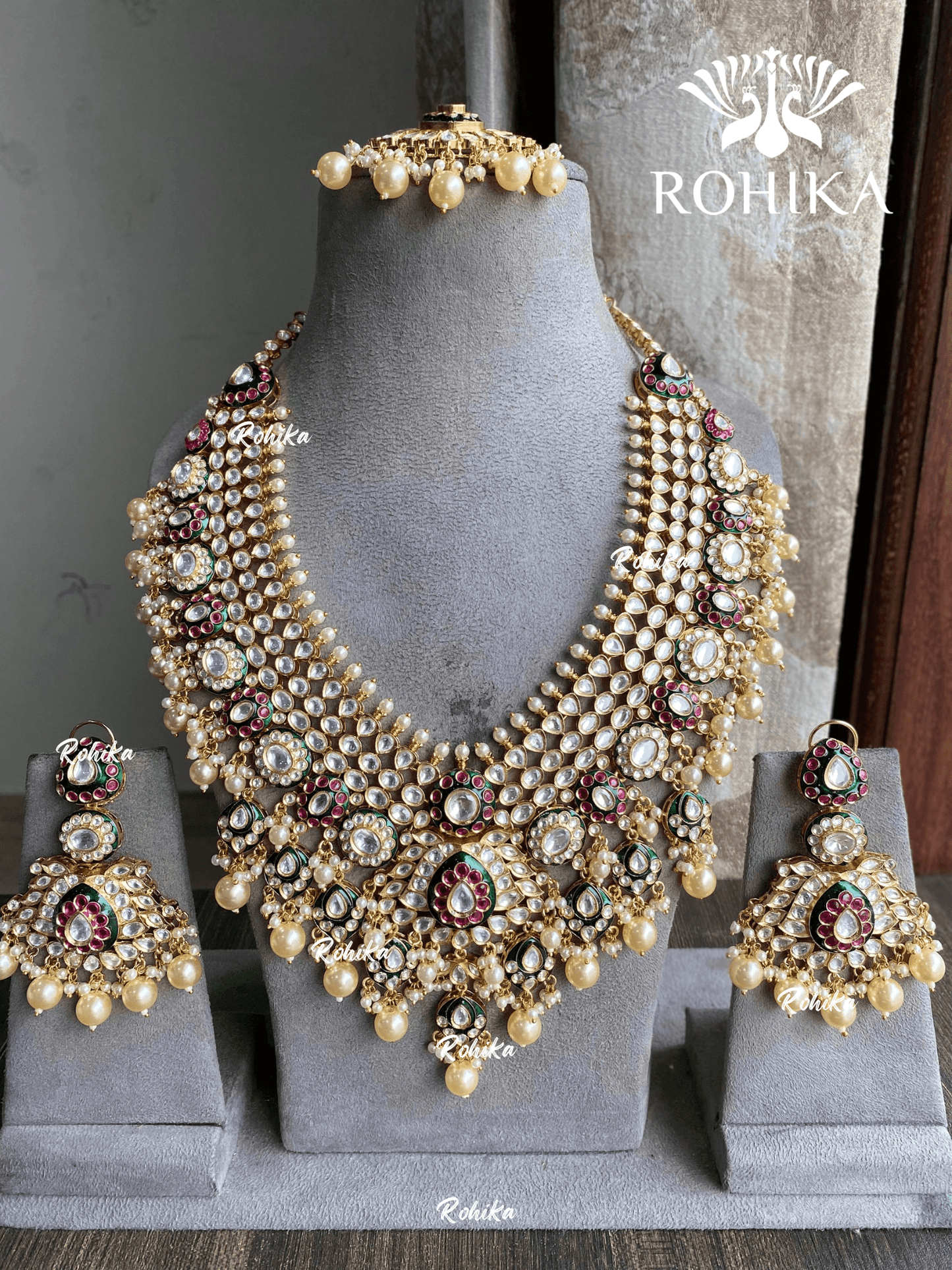 Aangan bikaneri polki kundan long necklace set - Green and Ruby - Rohika Store