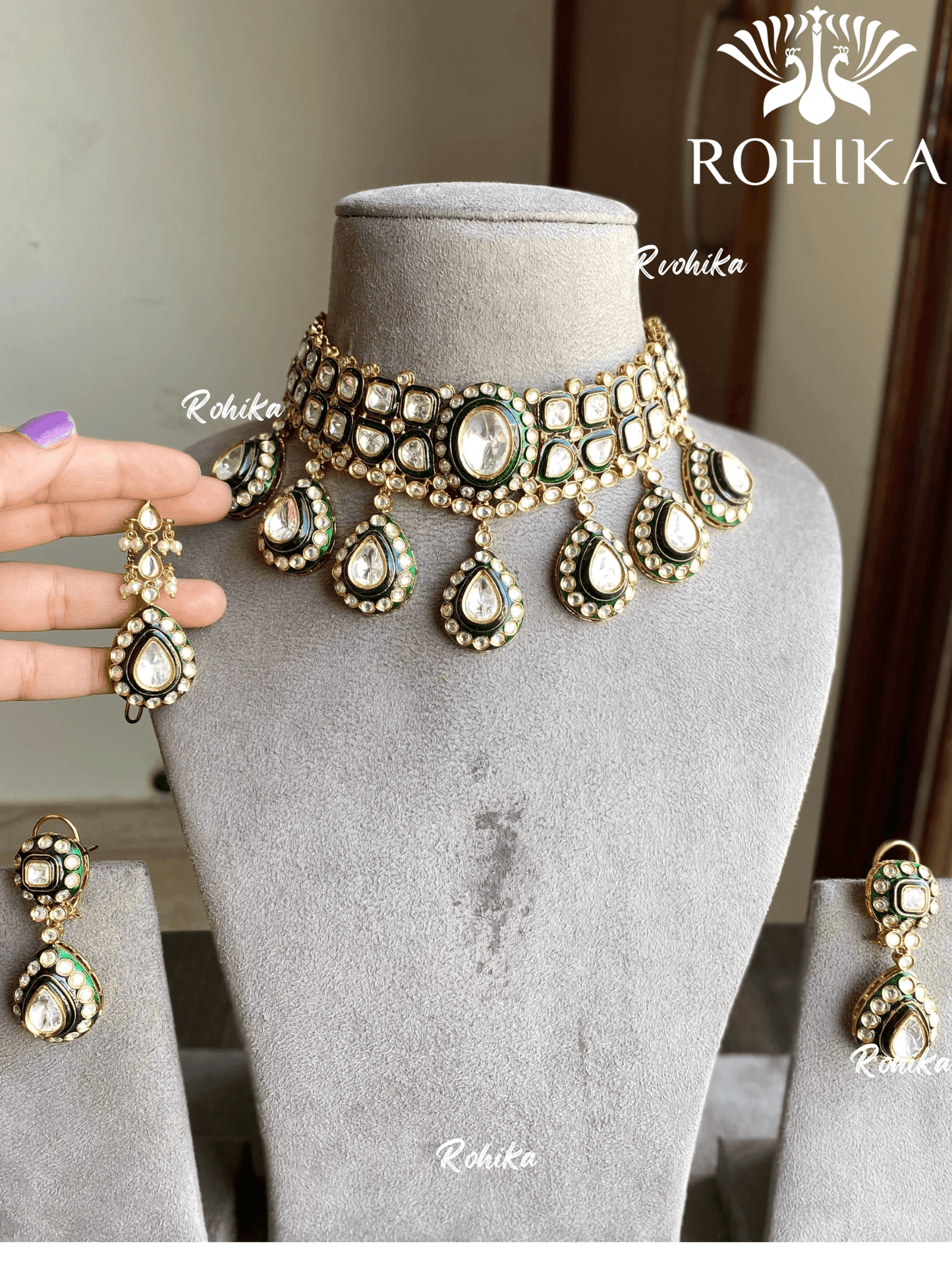 Yami bikaneri kundan necklace set - Green - Rohika Store