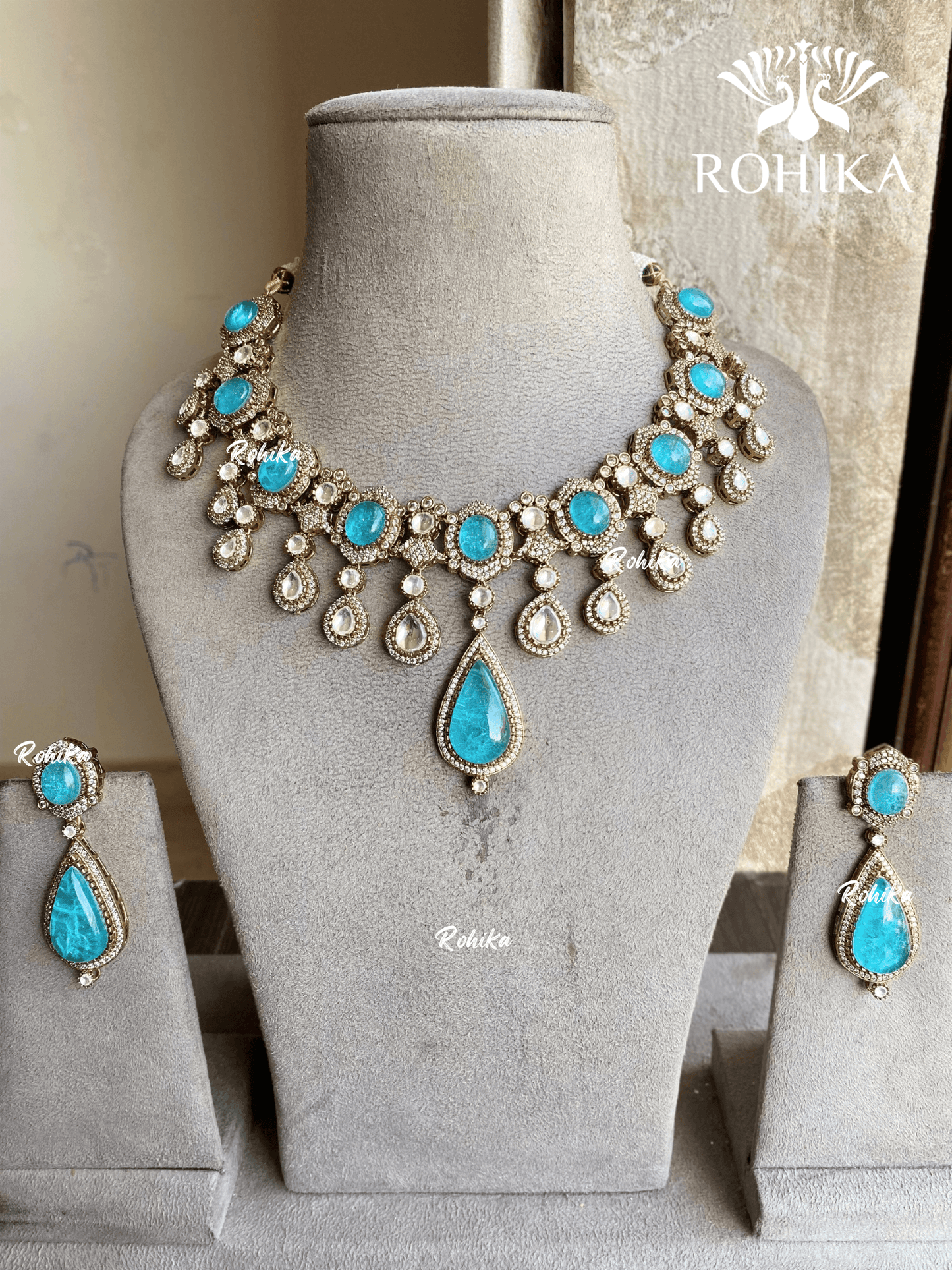 Amber doublet necklace set - Sky blue - Rohika Store