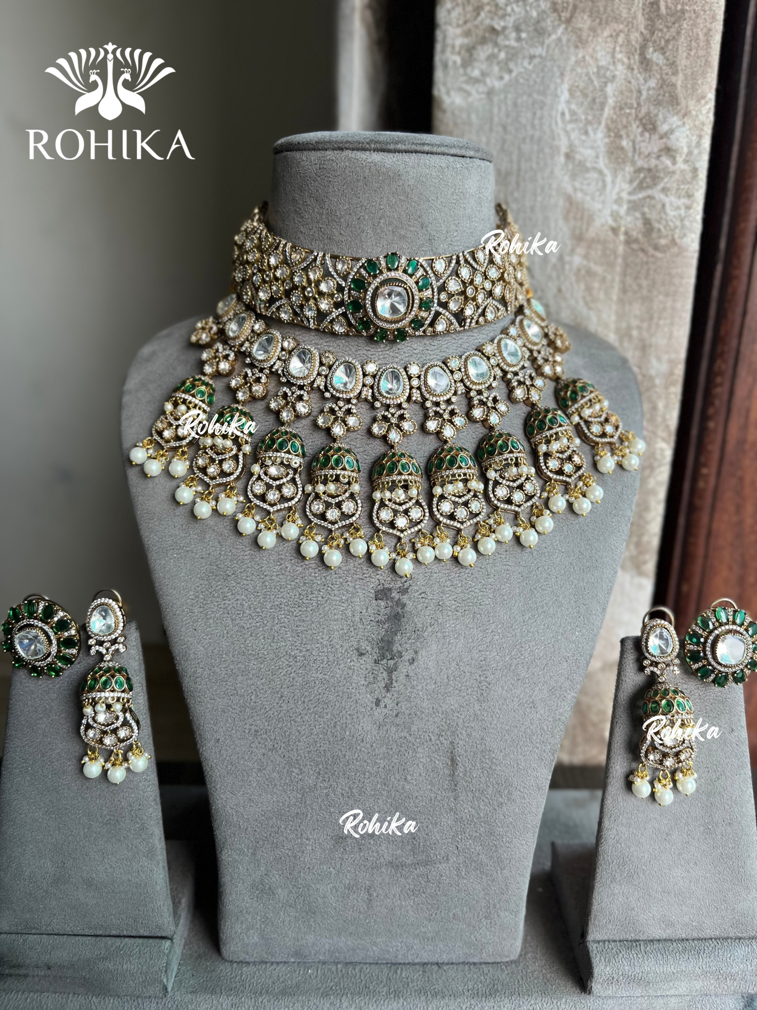 Divyam Moisanite Necklace Combo Set - Dark Green