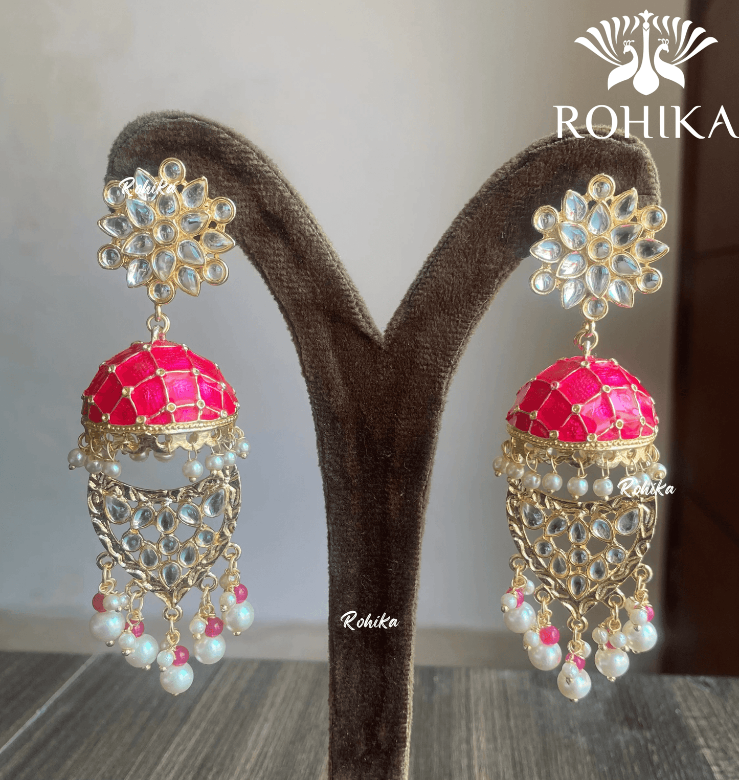 Mekha meenakari jhumka earrings - Pink - Rohika Store