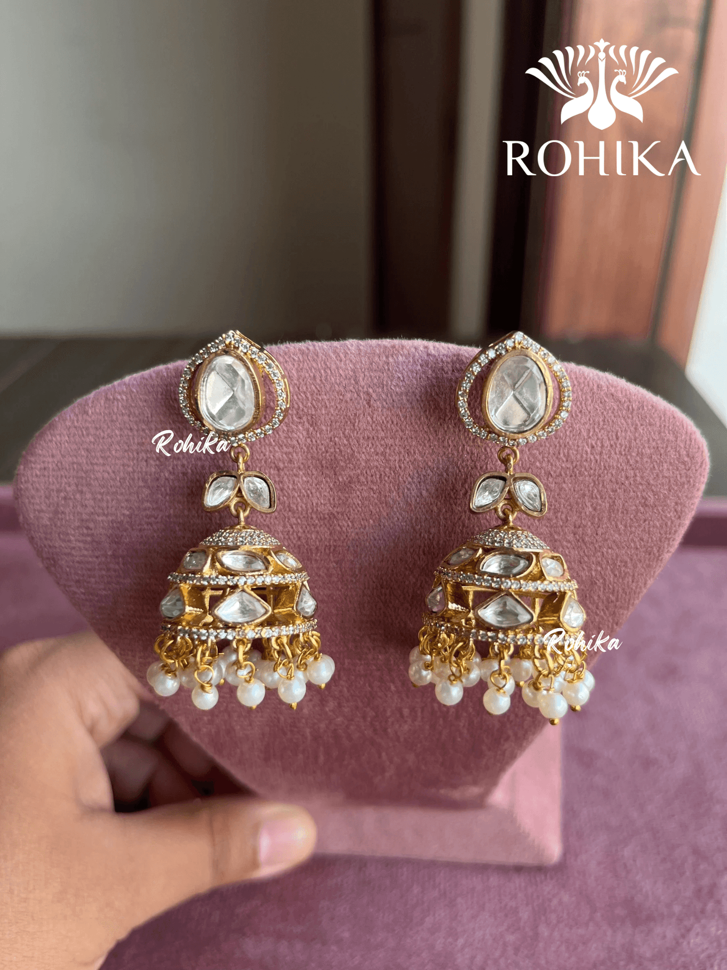 Nimra polki kundan jhumka earrings - Golden - Rohika Store