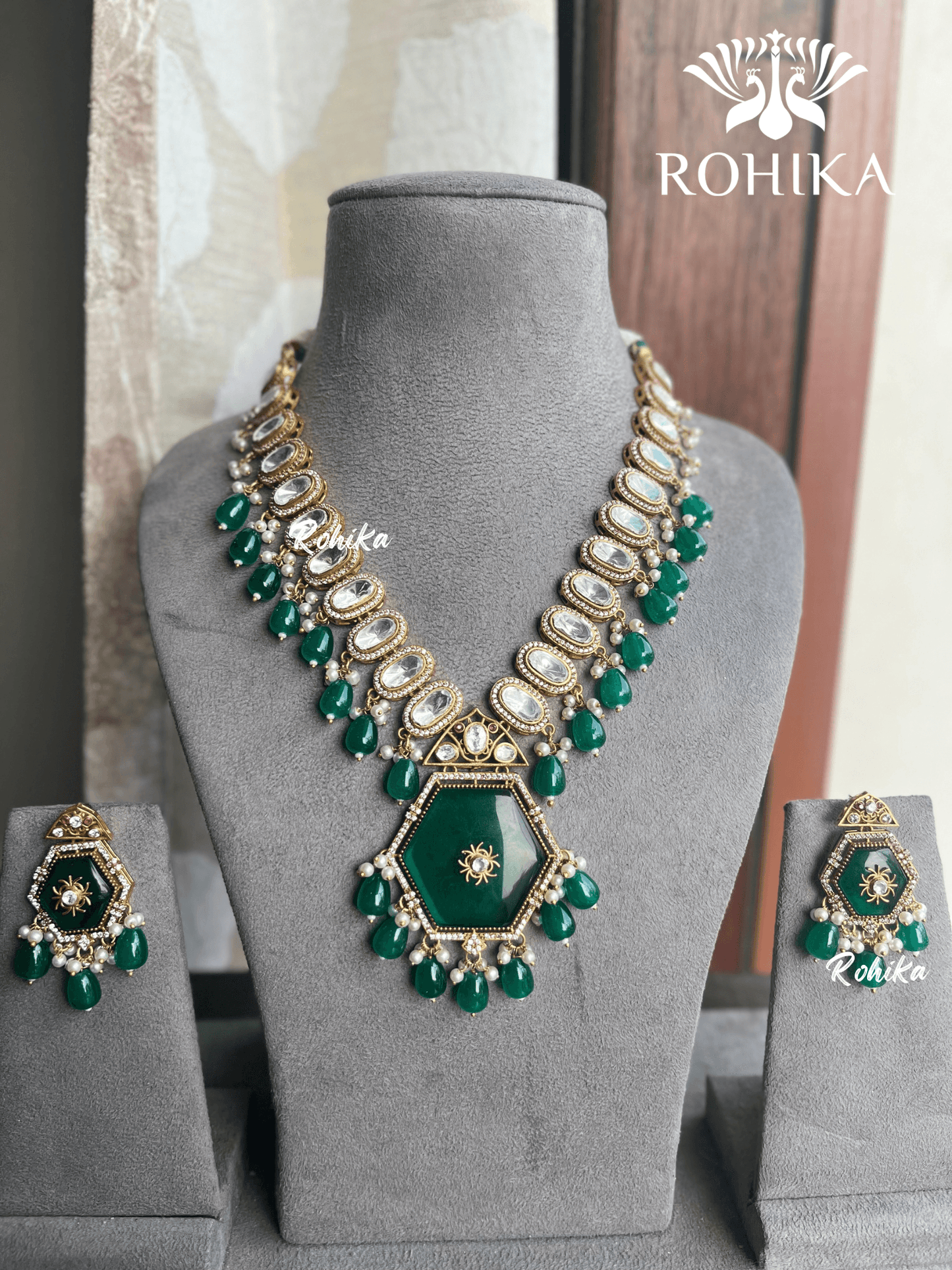Aman polki kundan necklace set - Green - Rohika Store