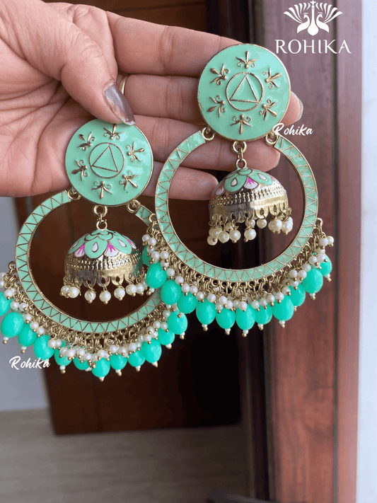 Sonal meenakari chandbali earrings - Mint Green - Rohika Store