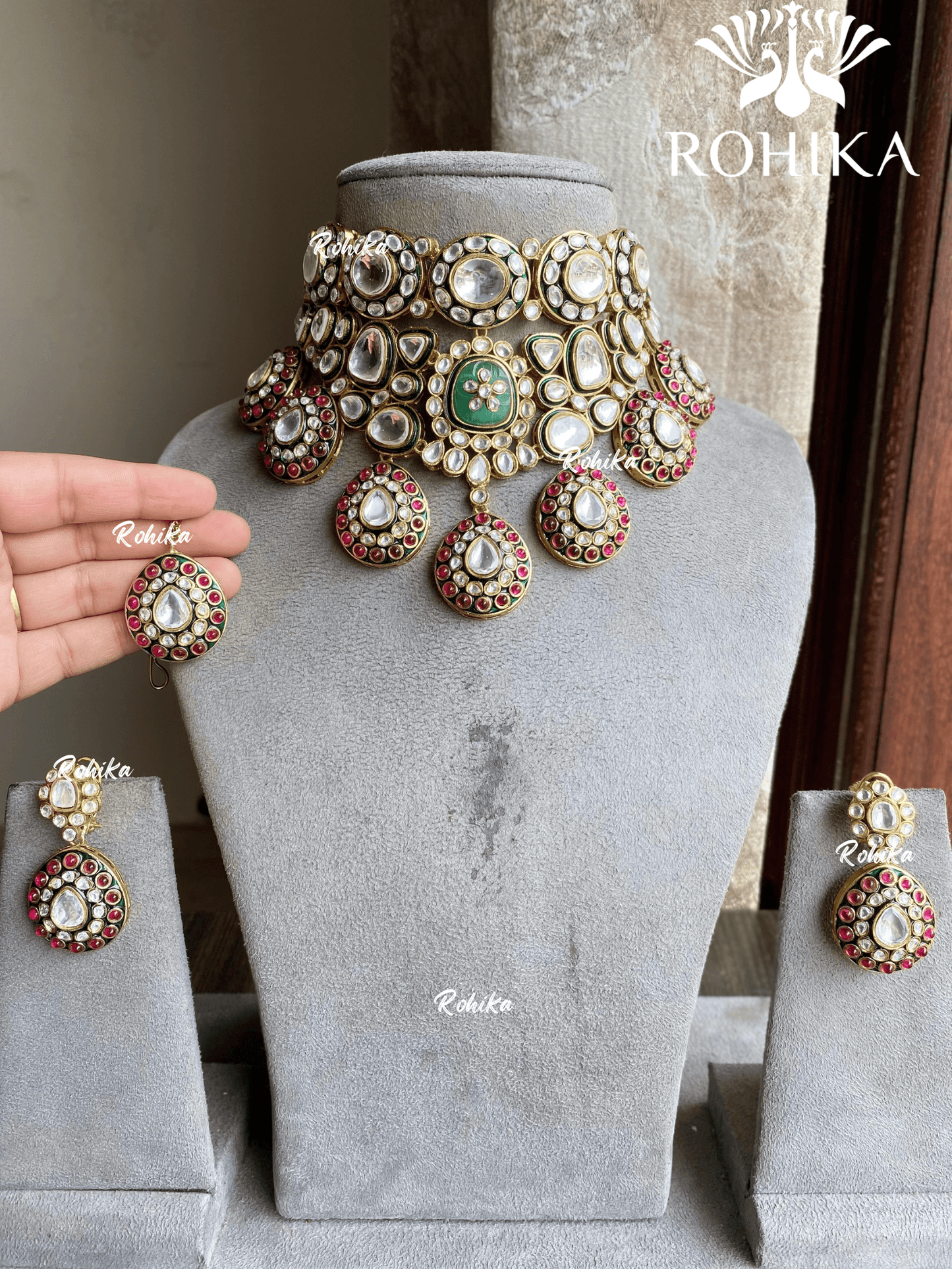 Uma bikaneri polki kundan choker set - Mint green - Rohika Store