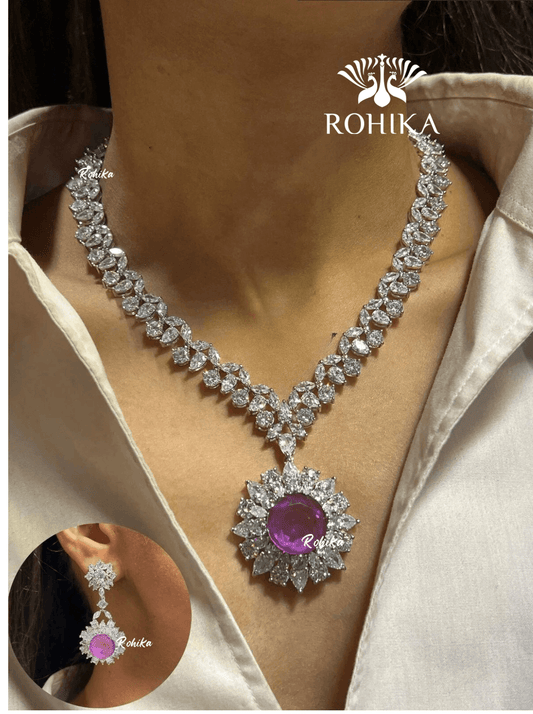 Ava american diamond necklace set - Purple - Rohika Store