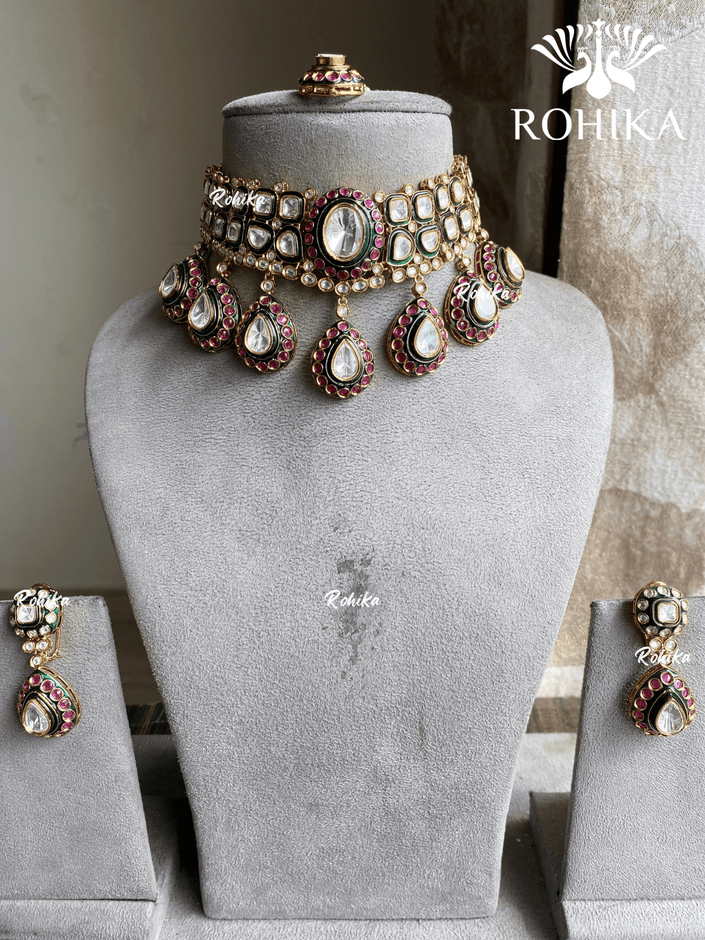 Yami Bikaneri Kundan Necklace set - Ruby Green - Rohika Store