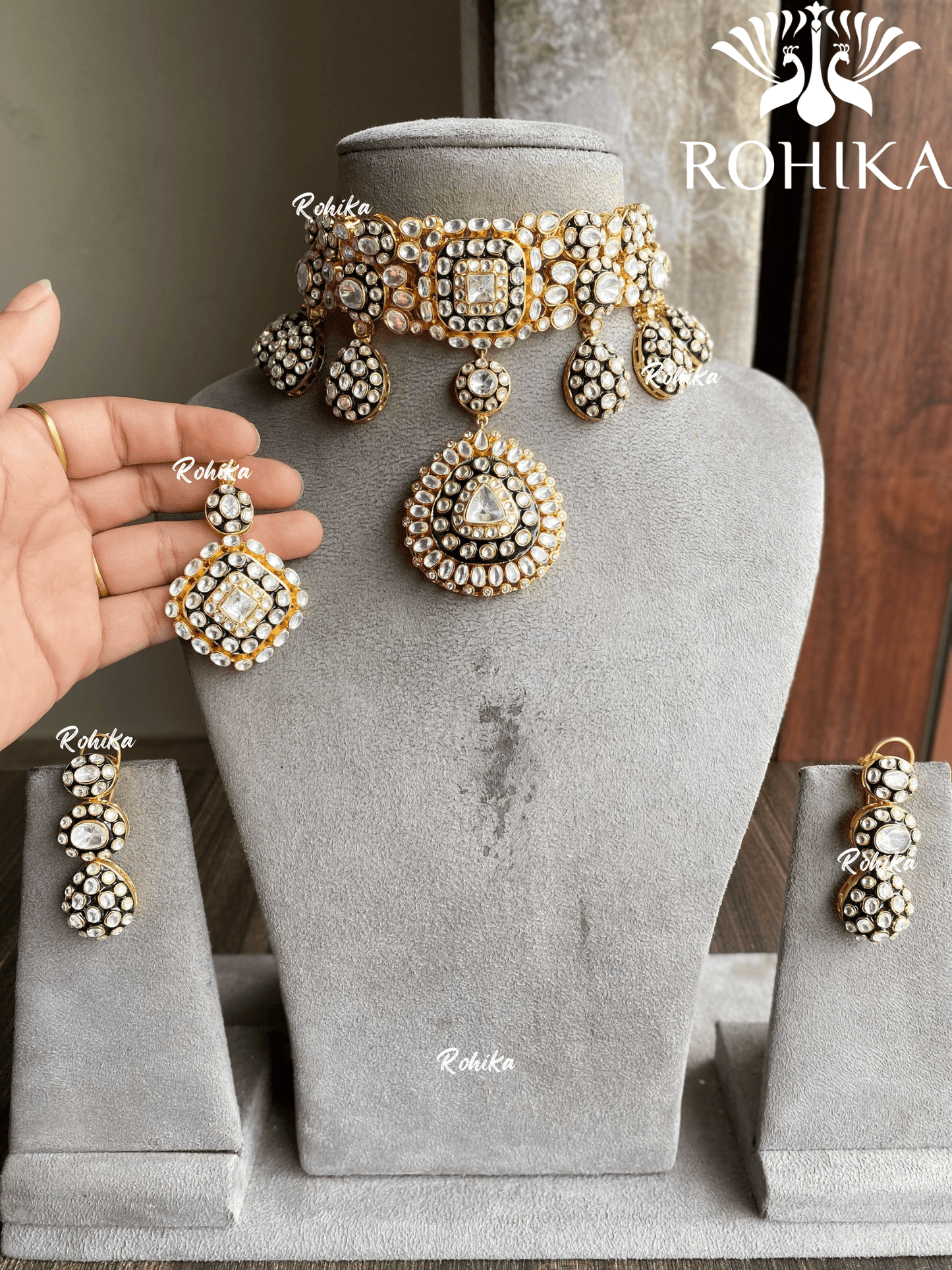 Chitra moisanite choker set - Dark green - Rohika Store