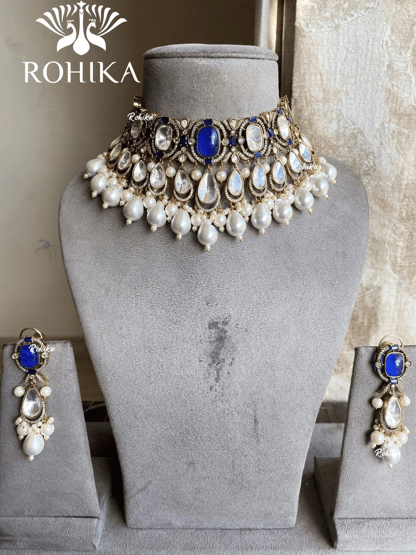 Sara polki kundan choker set - Dark blue - Rohika Store