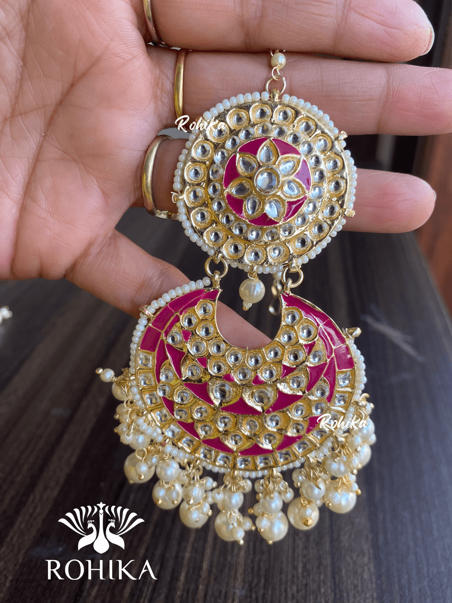 Tisha earrings and maangtikka combo - Dark pink - Rohika Store