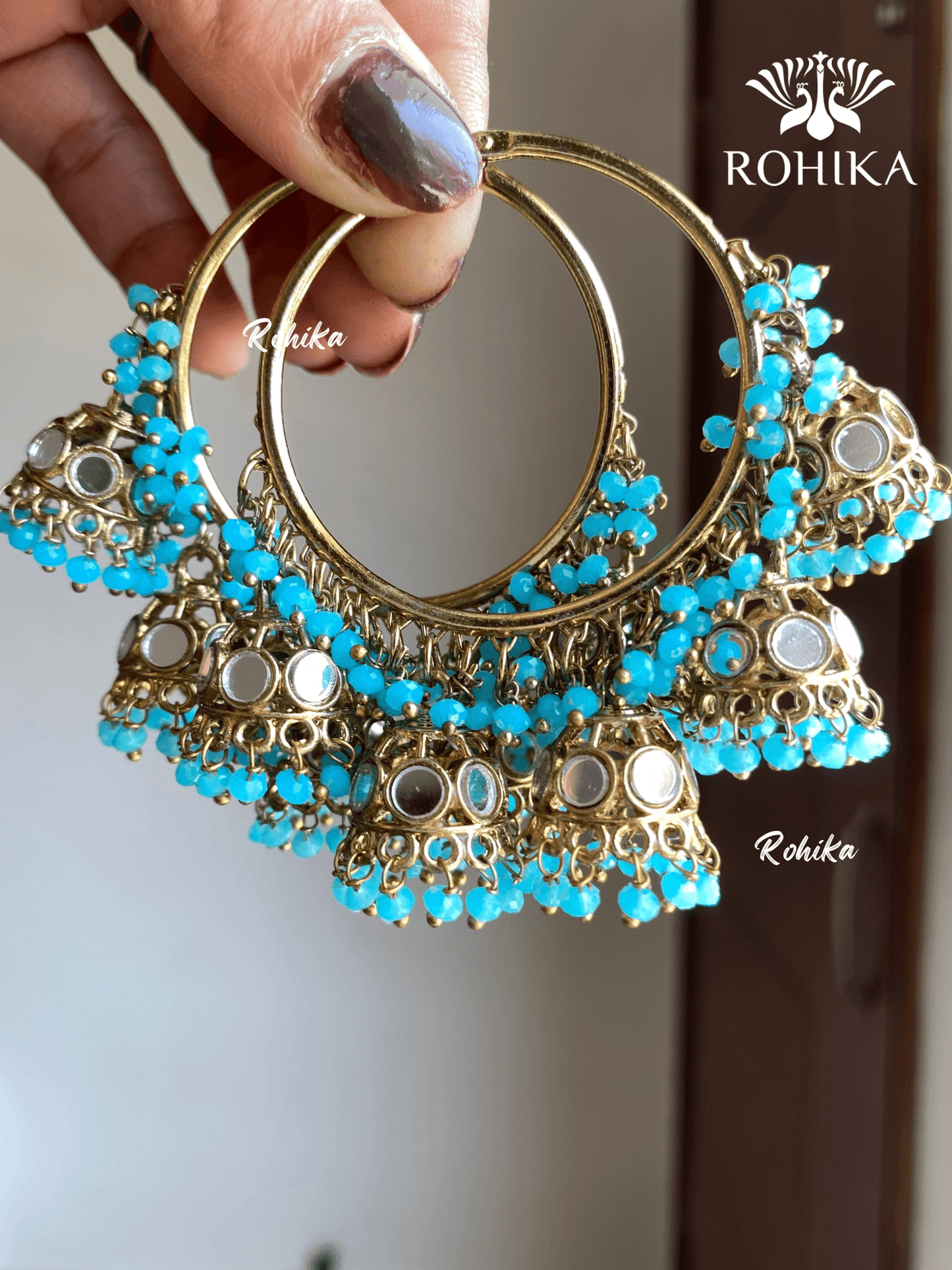 Leena mirror jhumki bali earrings - Sky blue - Rohika Store