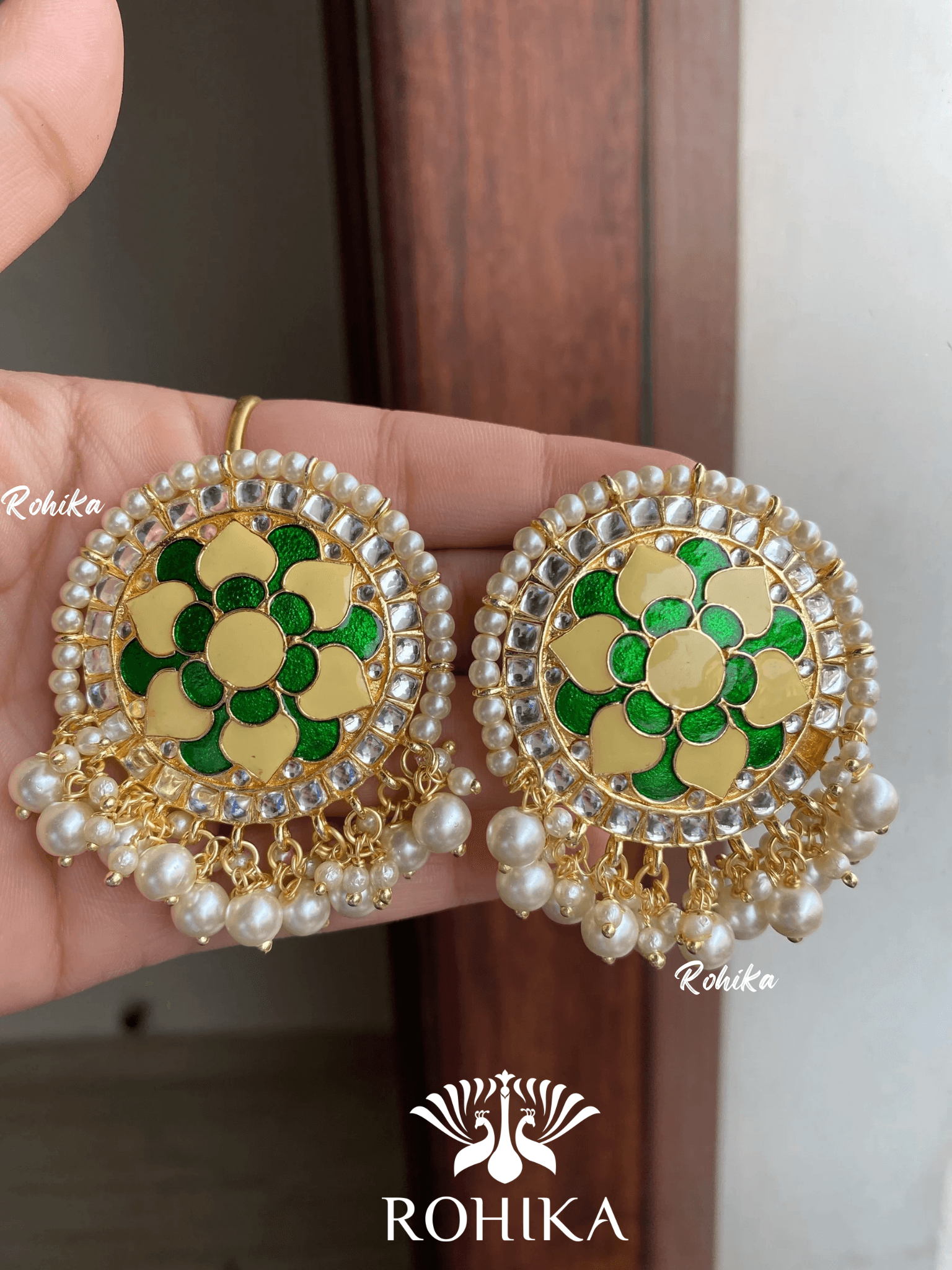 Khushi kundan studs - Yellow and green - Rohika Store