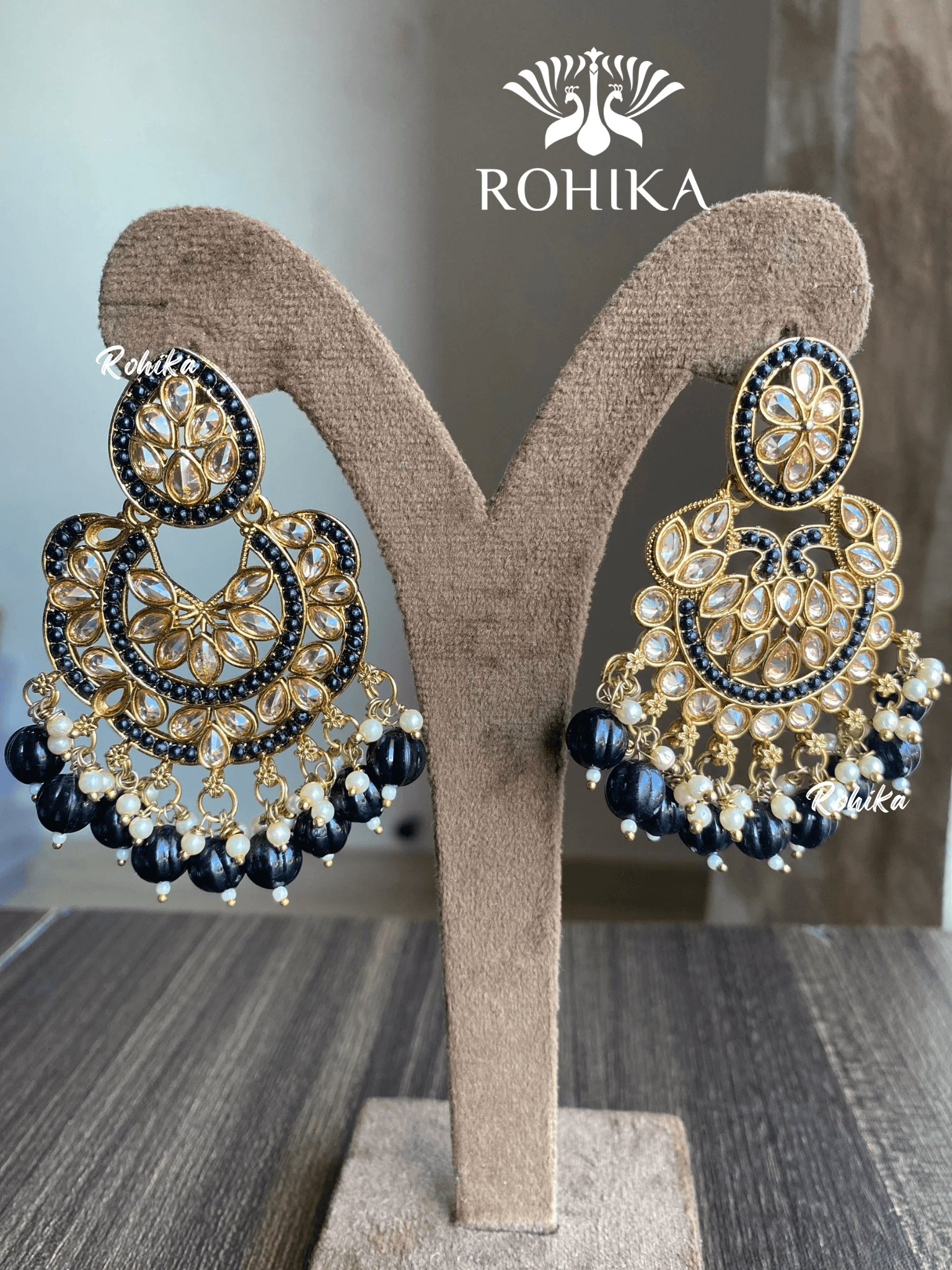 Kanika polki earrings - Black - Rohika Store