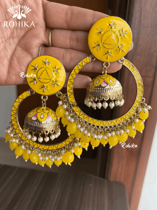 Sonal meenakari chandbali earrings- Yellow - Rohika Store