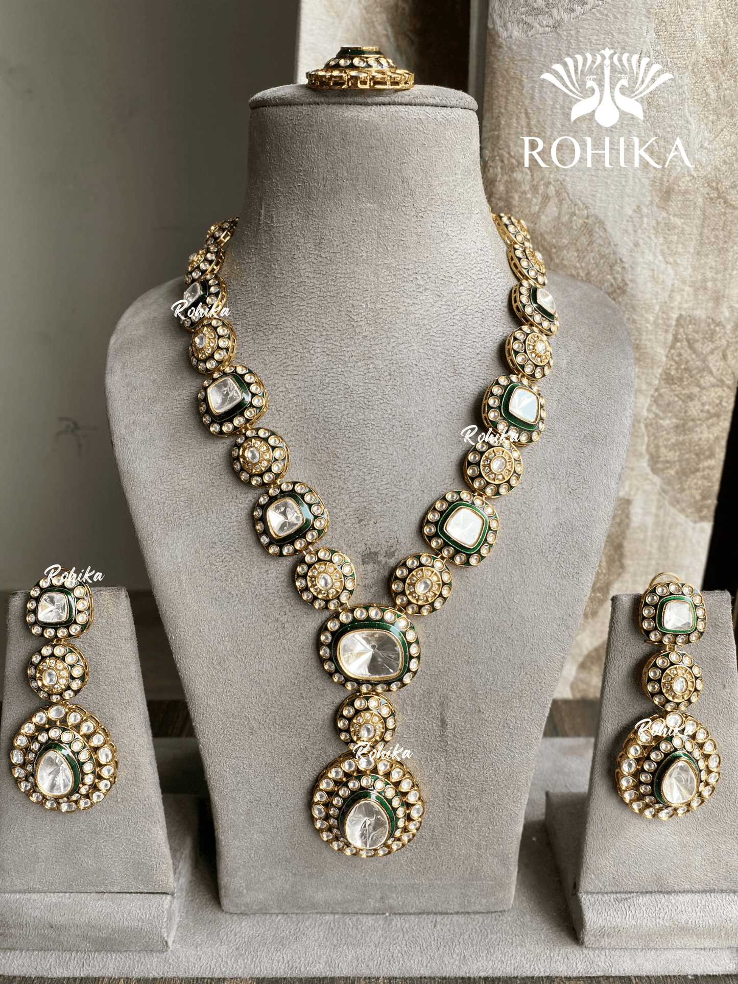 Swara polki kundan necklace set - Green - Rohika Store