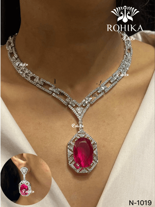 American diamond necklace set (ADN -009) - Dark pink - Rohika Store
