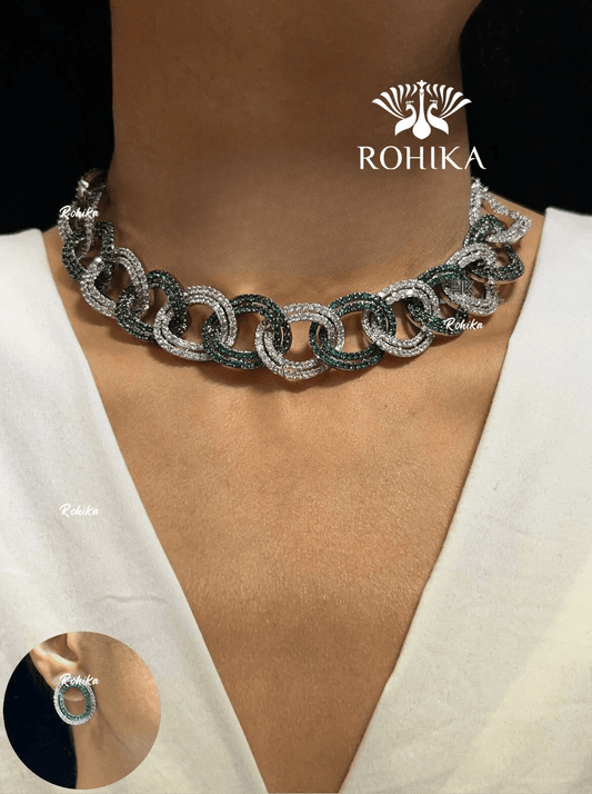 Ella american diamond necklace set - Green - Rohika Store