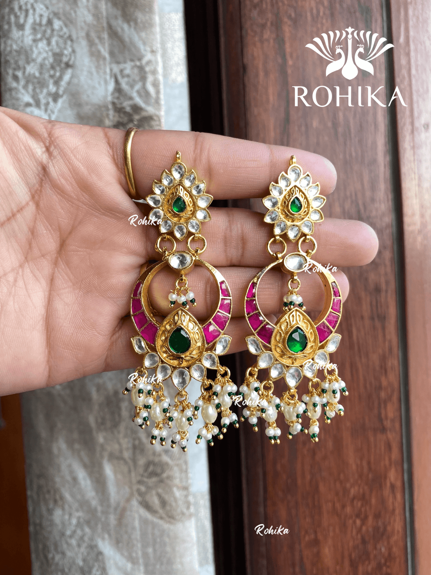 Parini pachhi kundan earrings (PKJ015) - Pink & green - Rohika Store
