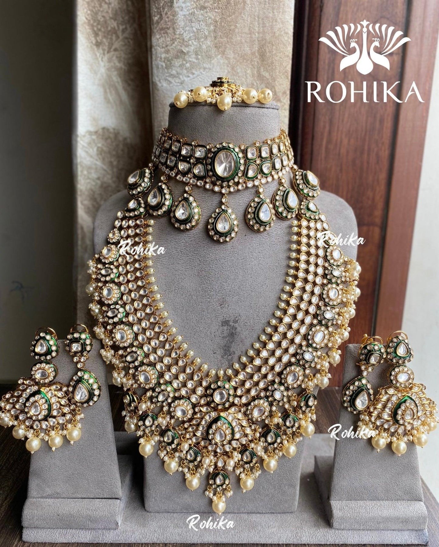 Vayu bikaneri polki kundan bridal combo set - Dark Green - Rohika Store