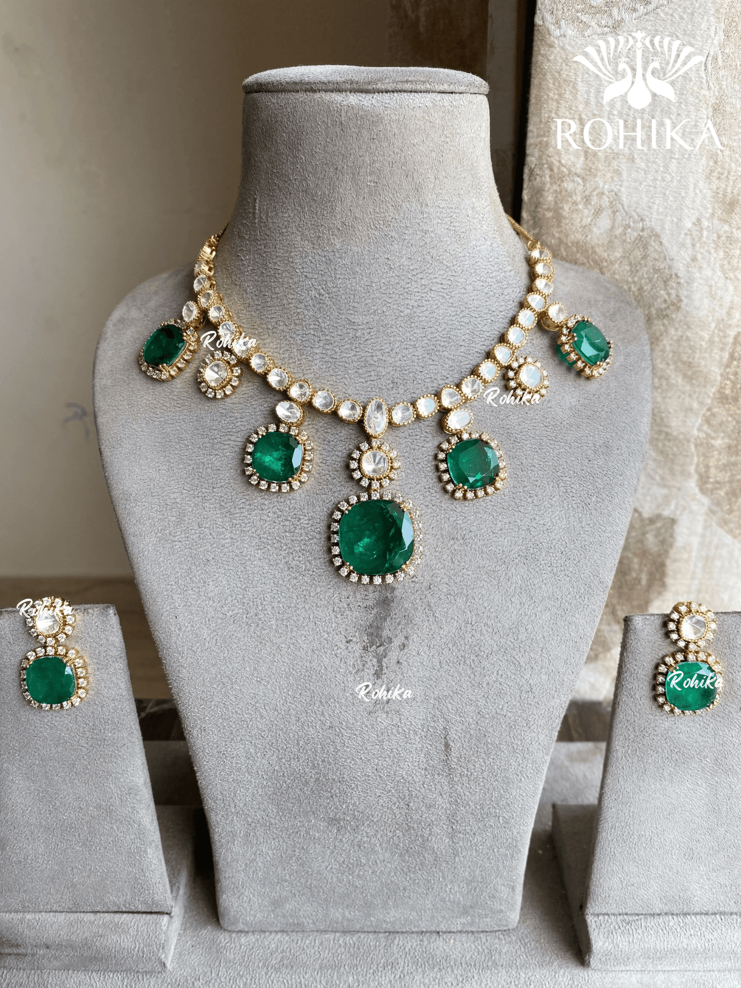 Abha Doublet Kundan Necklace Set - Dark Green - Rohika Store