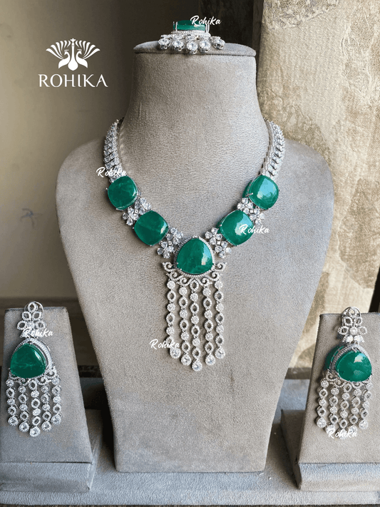Sierra american diamond necklace set - Dark green - Rohika Store