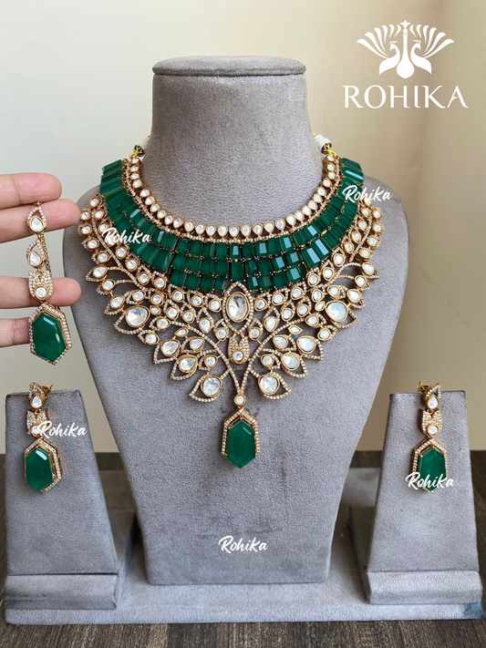 Katrina moisanite polki kundan necklace set - Dark green