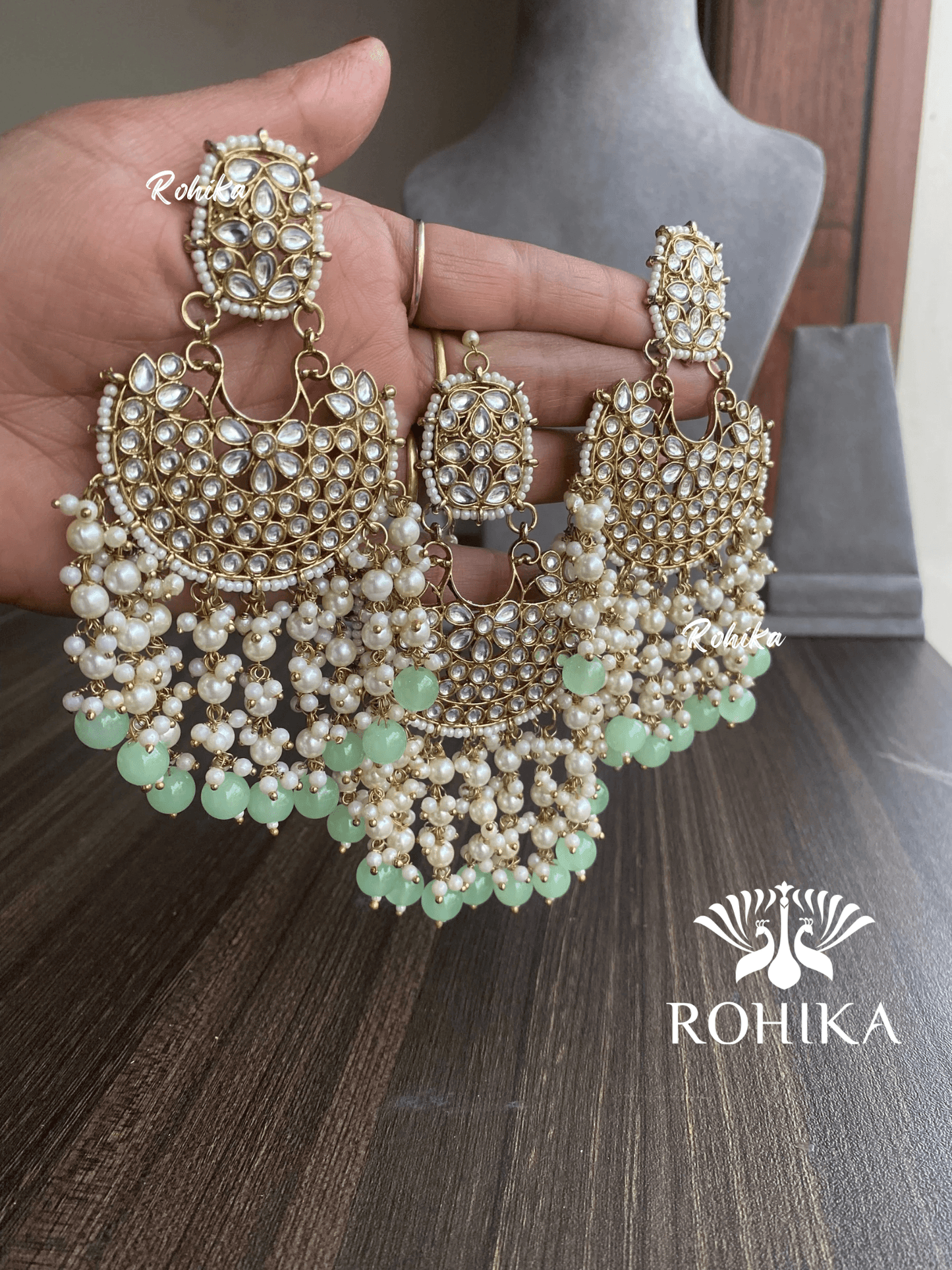 Monika earrings and maangtikka - Mint green - Rohika Store