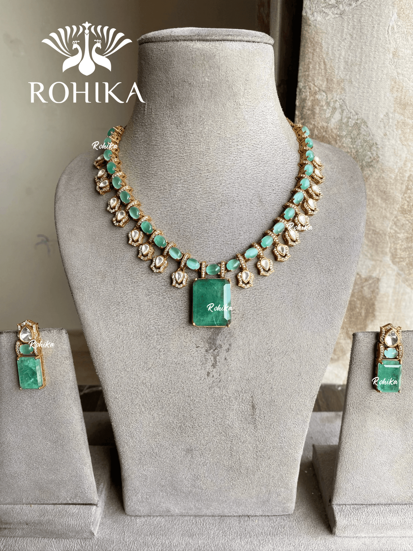 Mouna polki kundan necklace set - Mint green - Rohika Store