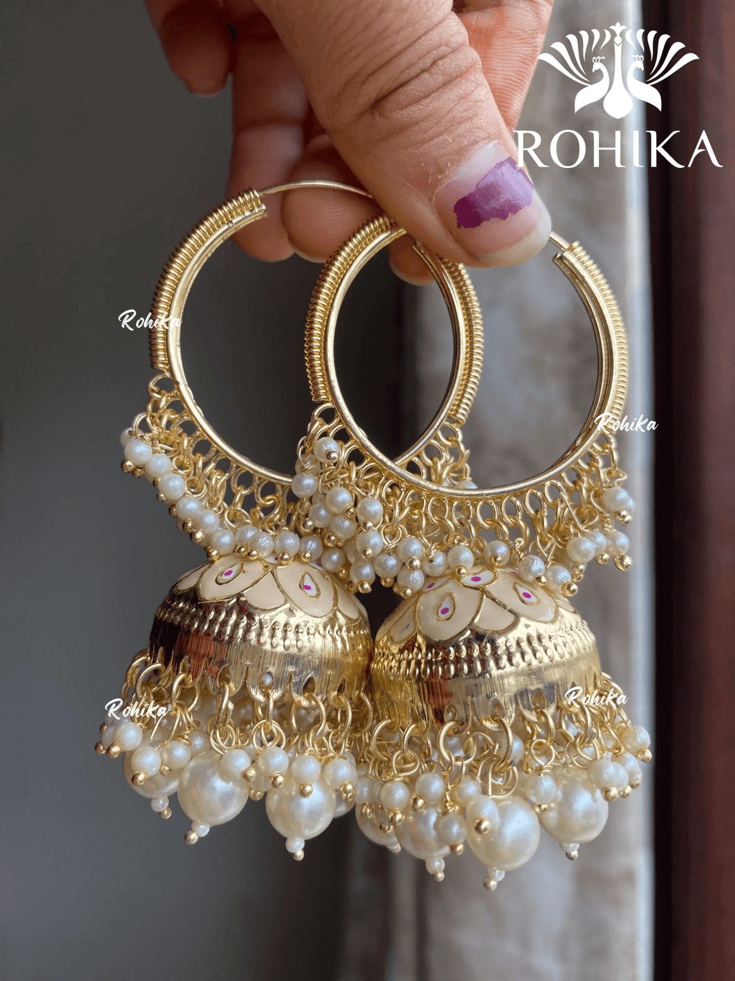 Neera jhumka bali earrings - Creamish white - Rohika Store