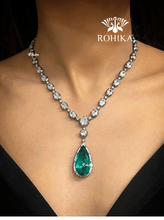 Emily american diamond necklace set - Green - Rohika Store