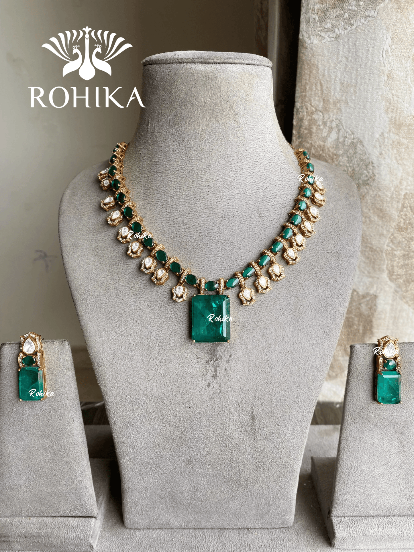 Mouna polki kundan necklace set - Green - Rohika Store