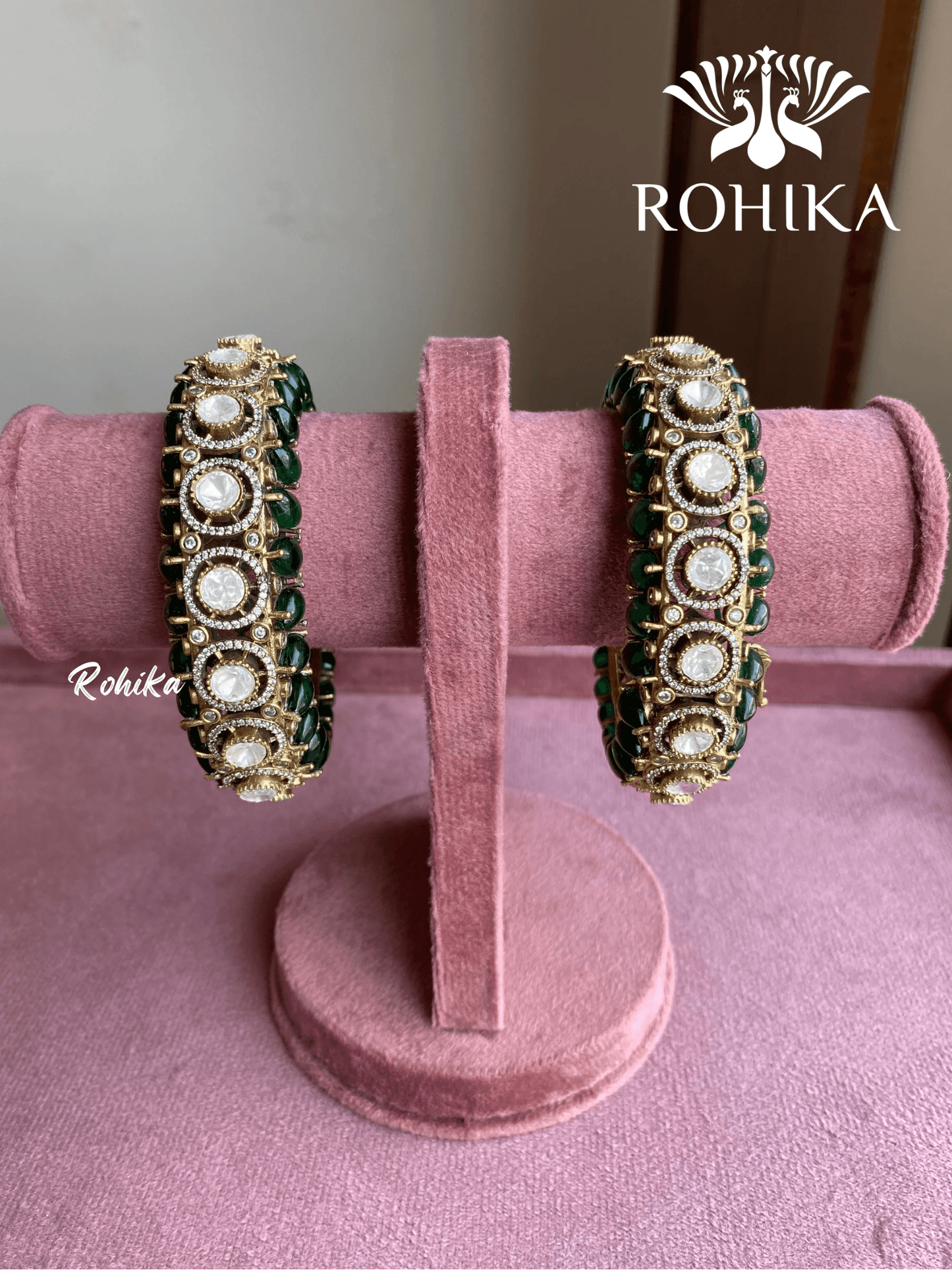 Kavi polki kundan kada/bangles - Dark green - Rohika Store