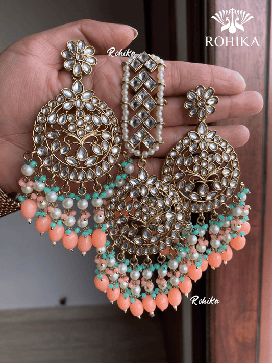 Sapna earrings and maangtikka combo - Peach - Rohika Store