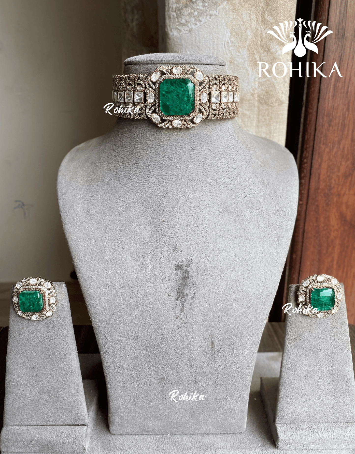 Adhya Moisanite Choker Set - Dark Green - Rohika Store