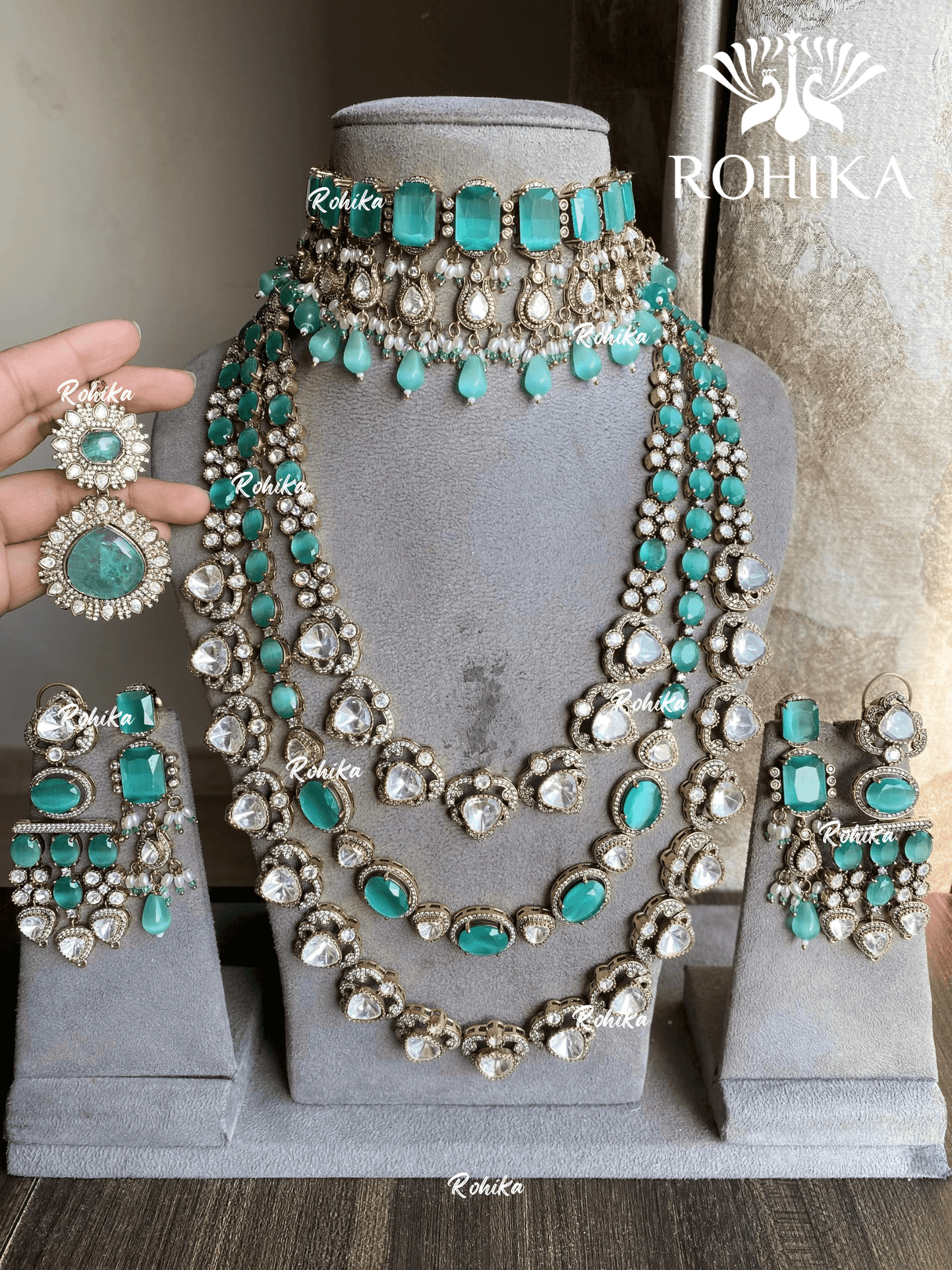 Bhoomika moisanite kundan combo set - Mint Green - Rohika Store