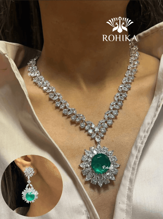 Ava american diamond necklace set - Green - Rohika Store