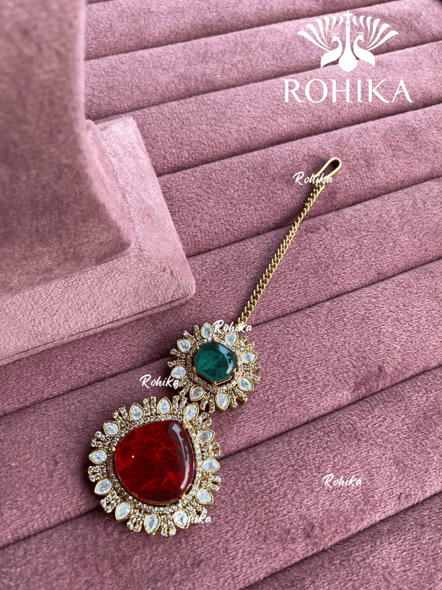 Siya doublet stone maangtikka - Dark green & red - Rohika Store