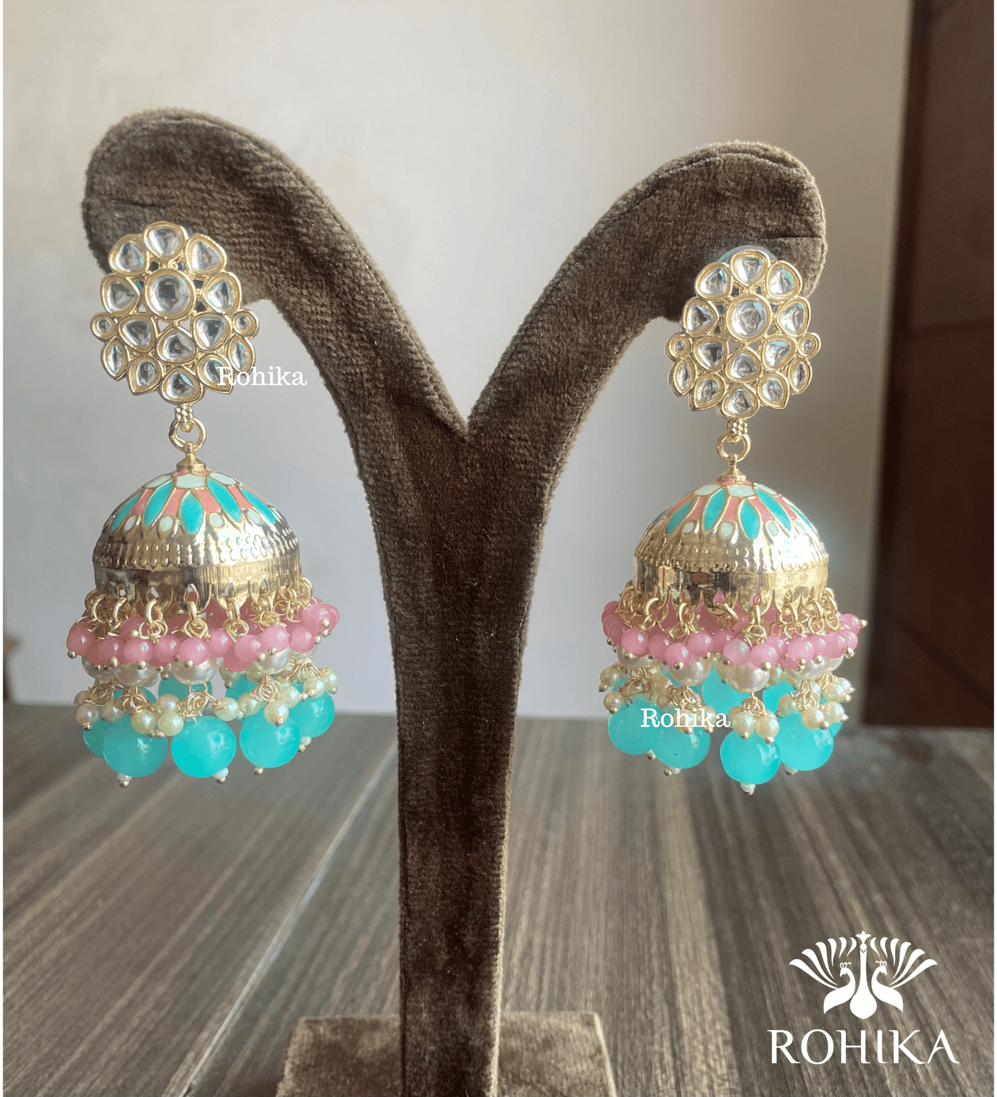 Rashmita jhumka earrings - Pink and sky blue - Rohika Store