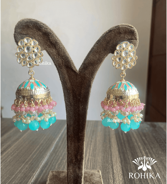 Rashmita jhumka earrings - Pink and sky blue - Rohika Store
