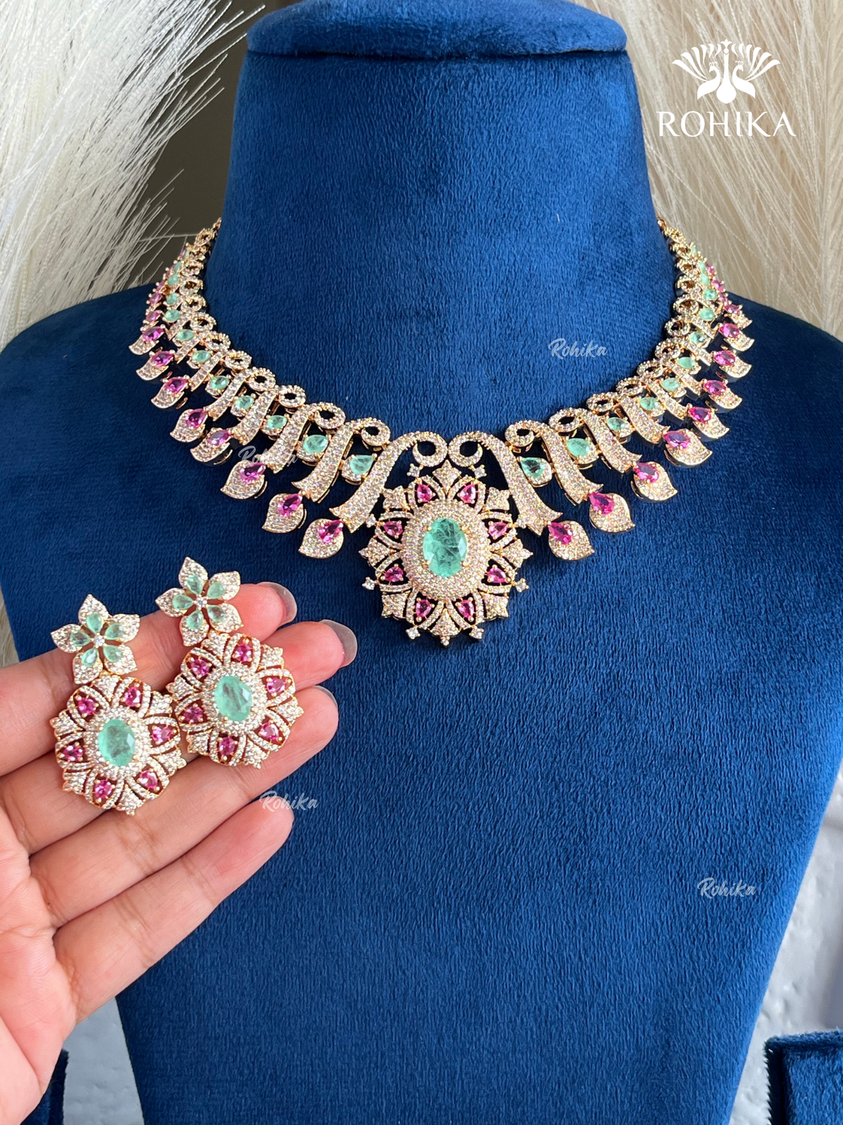 Sarisha AD doublet necklace set - Pink & Mint Green