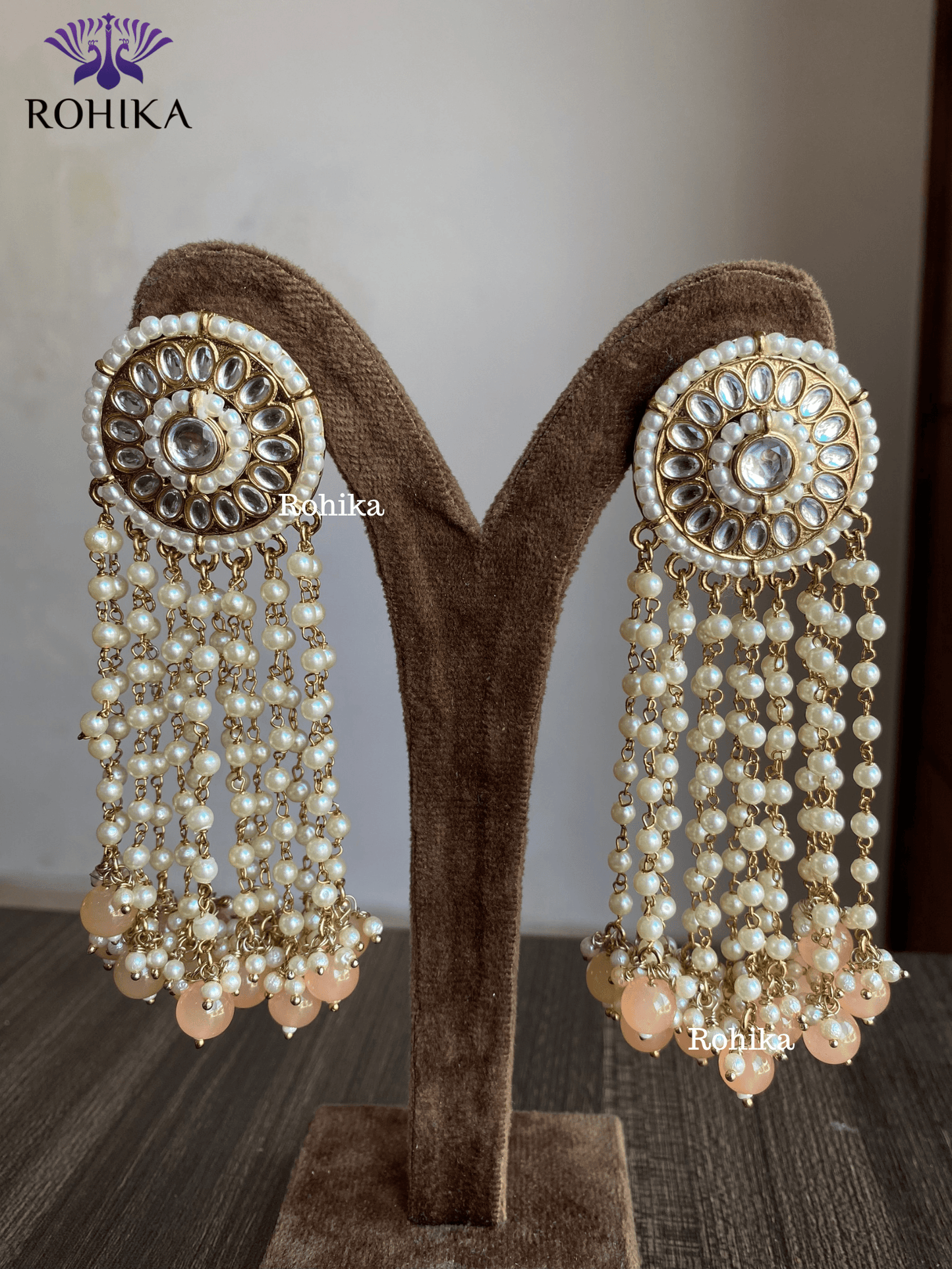 Pearl kundan earrings - Peach - Rohika Store