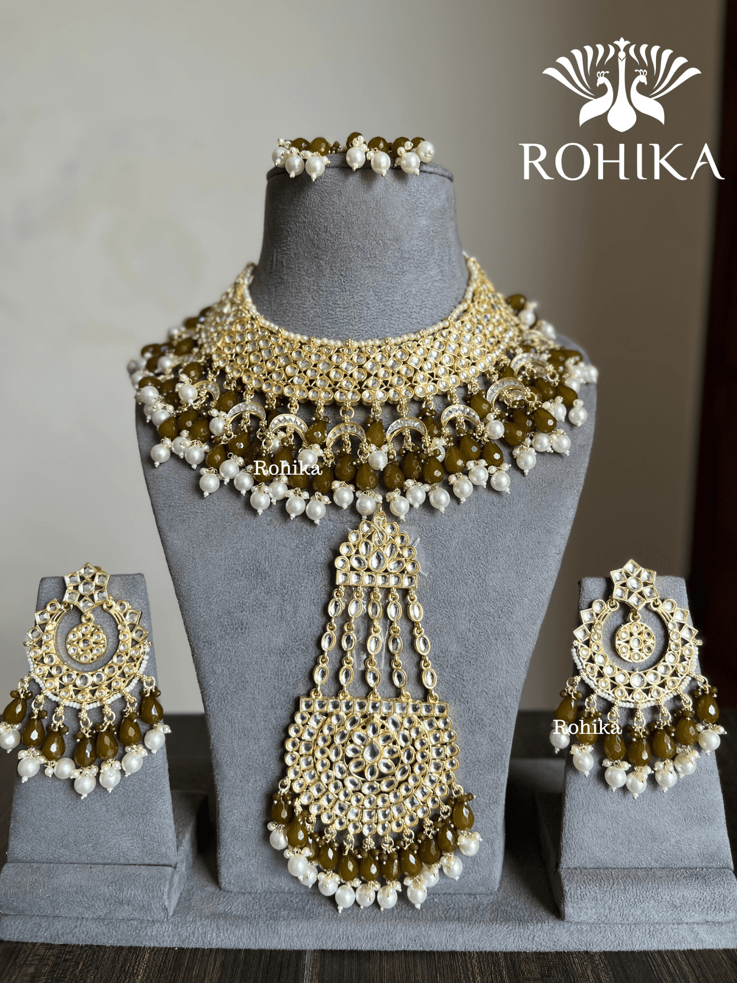 Shaheen Dabi Kundan bridal necklace set - Mehandi - Rohika Store