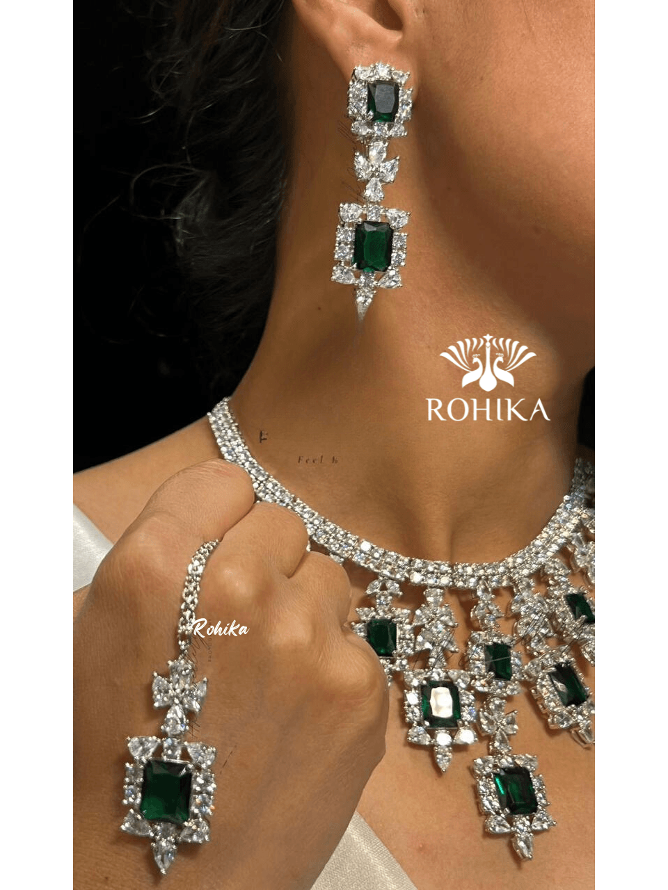 Bella american diamond necklace set -Dark Green - Rohika Store