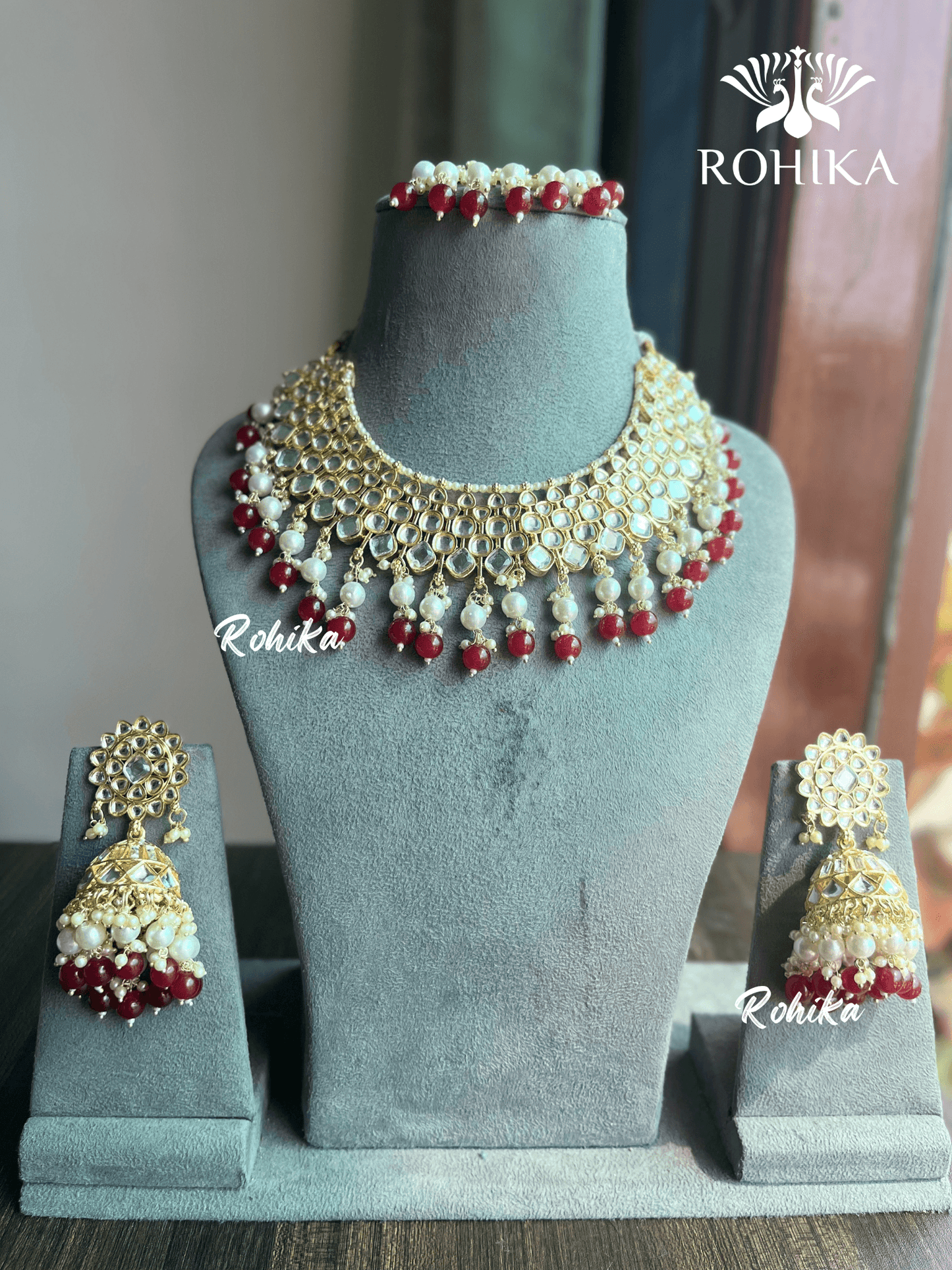 Payal dabi Kundan necklace set - Maroon/Red - Rohika Store