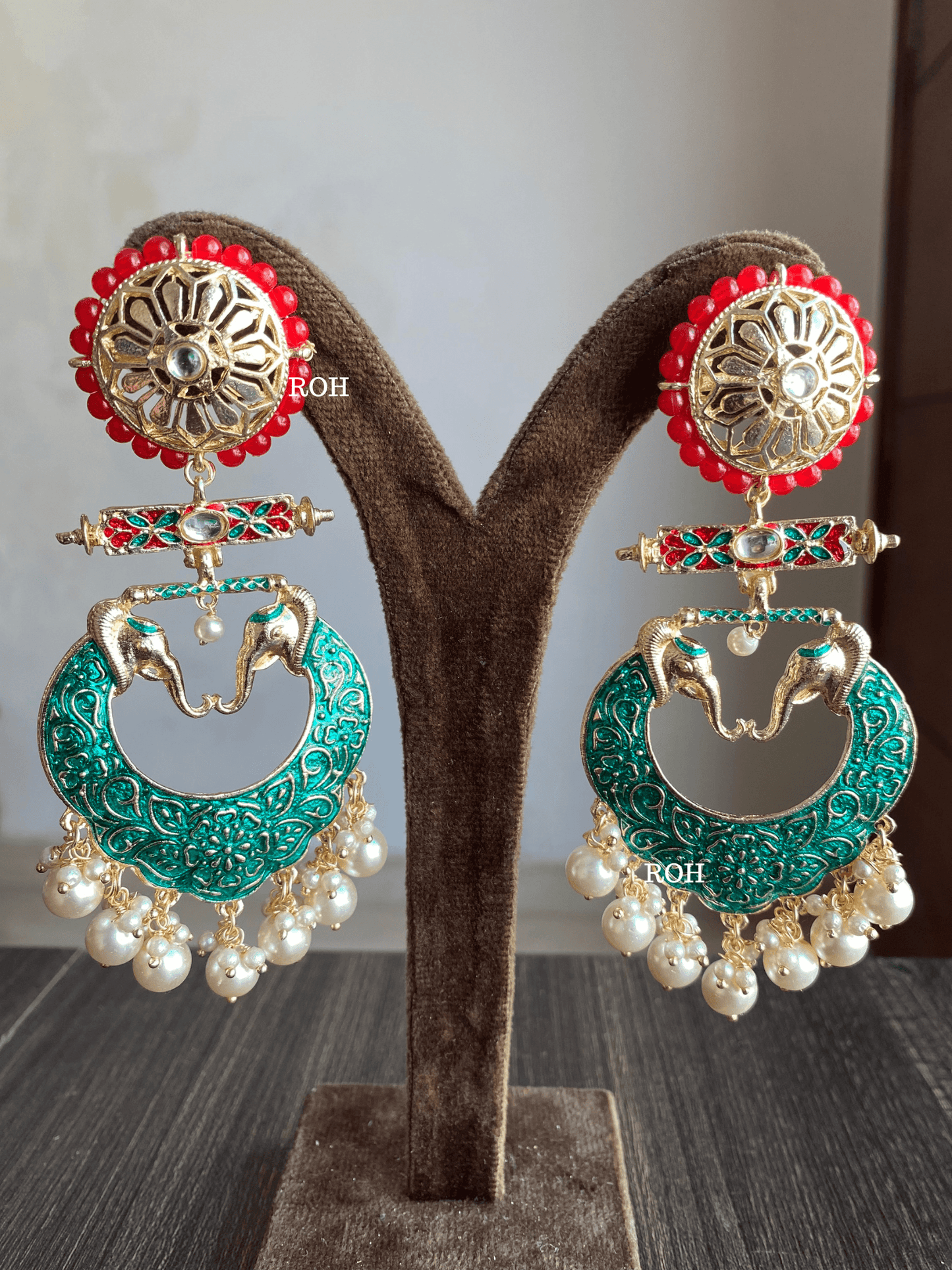 Gaja meenakari earrings - Dark Green - Rohika Store
