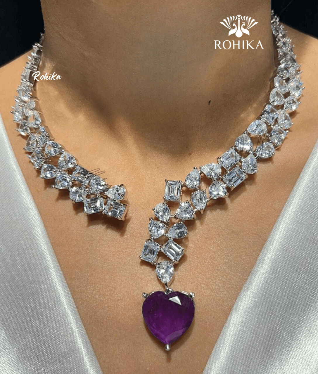 Daisy american diamond necklace set - Purple - Rohika Store
