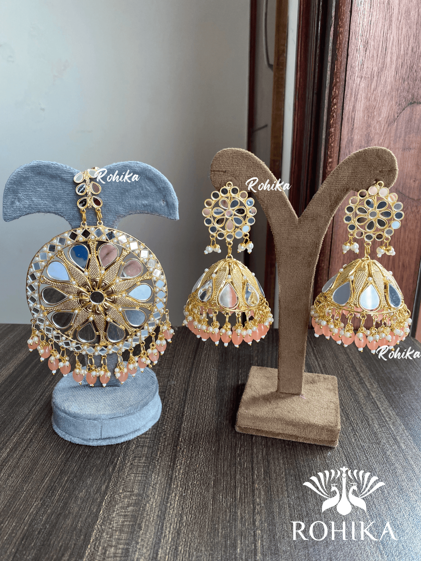 XXL mirror maangtikka with earrings - Peach - Rohika Store