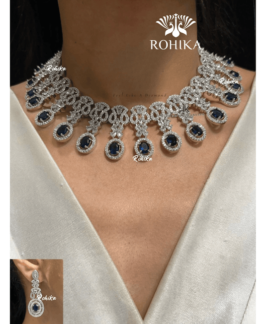 American diamond necklace set (ADN -007) - Dark blue - Rohika Store
