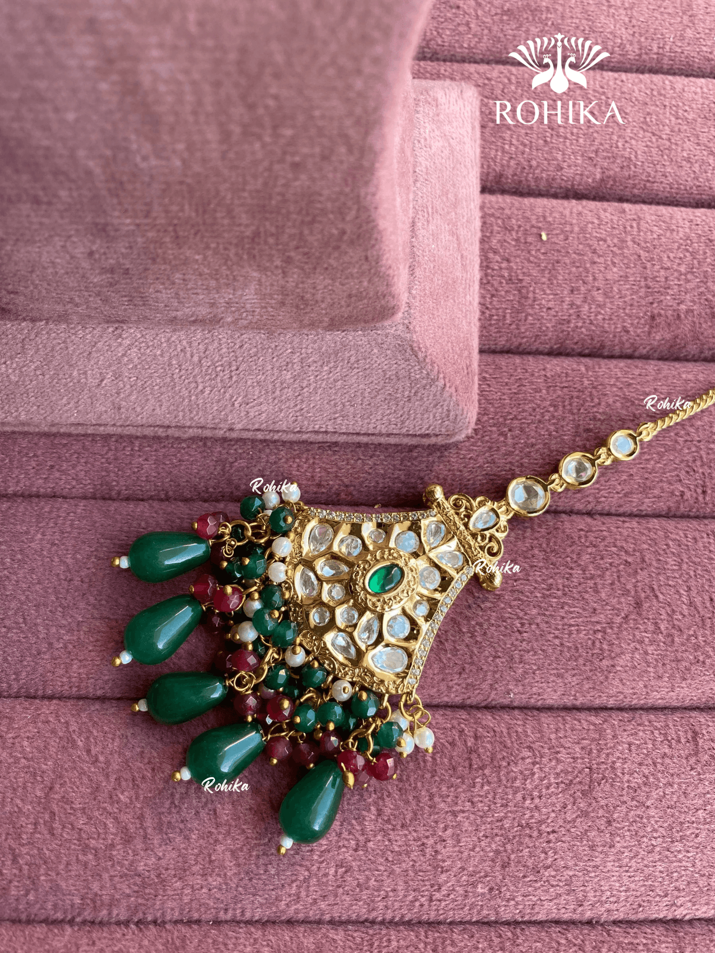 Polki kundan maangtikka (PLKM-039) - Dark green & red - Rohika Store