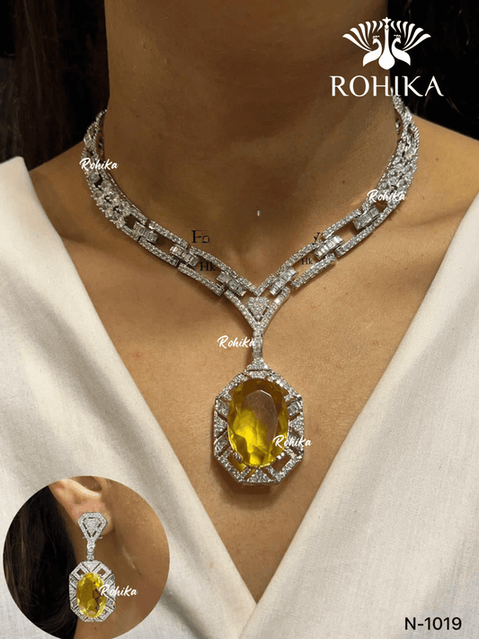 American diamond necklace set (ADN -009) - Yellow - Rohika Store
